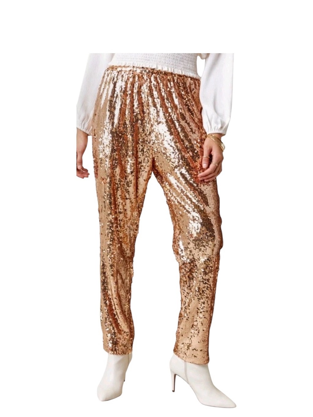 Francesca's Metallic Rose Gold Sequin Joggers Sequin Jogger Pants in Brown &